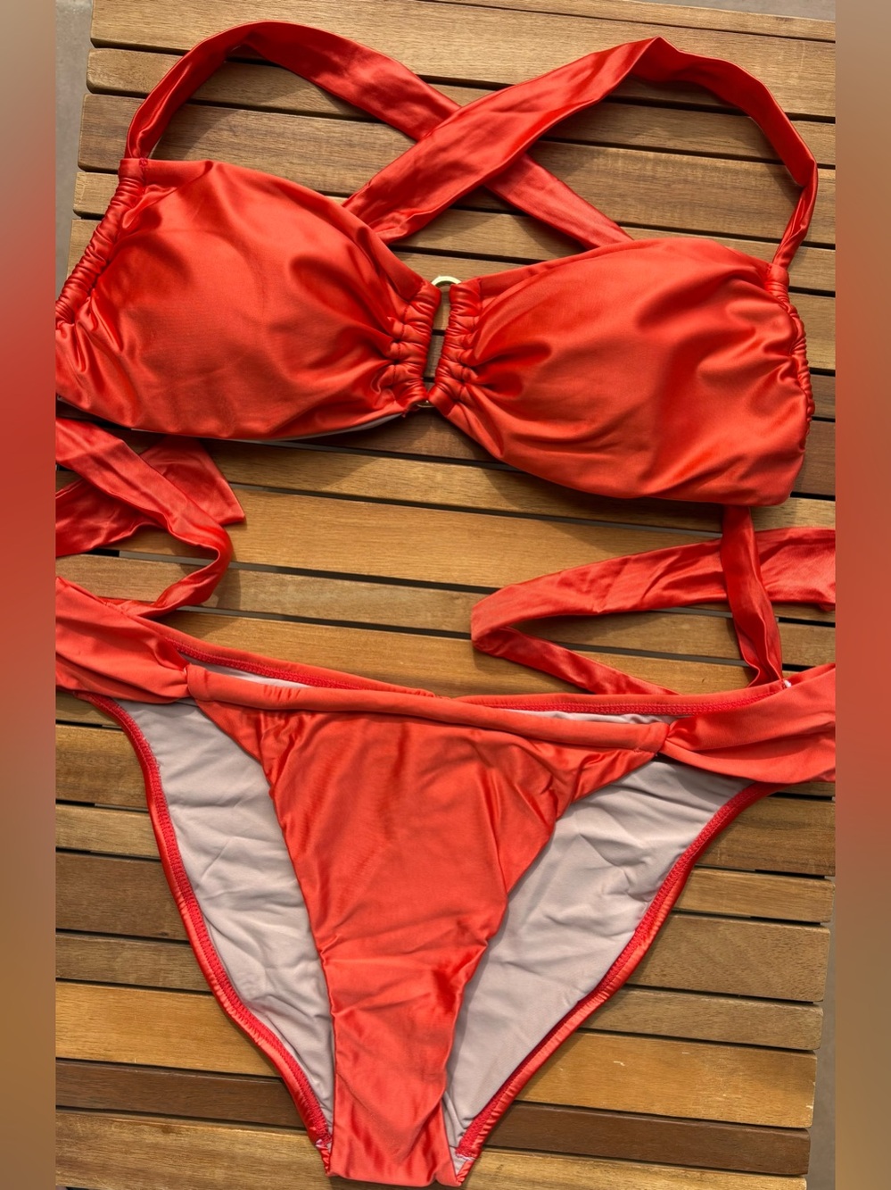 LARGE NWT Tangerine Bikini Set adjustable fitting ruched bottom orange gold